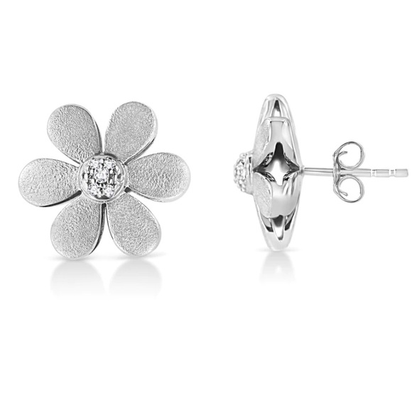 Haus of Brilliance Matte Silver Diamond Accent Flower Hoop Stud Earrings - Picture 2 of 5